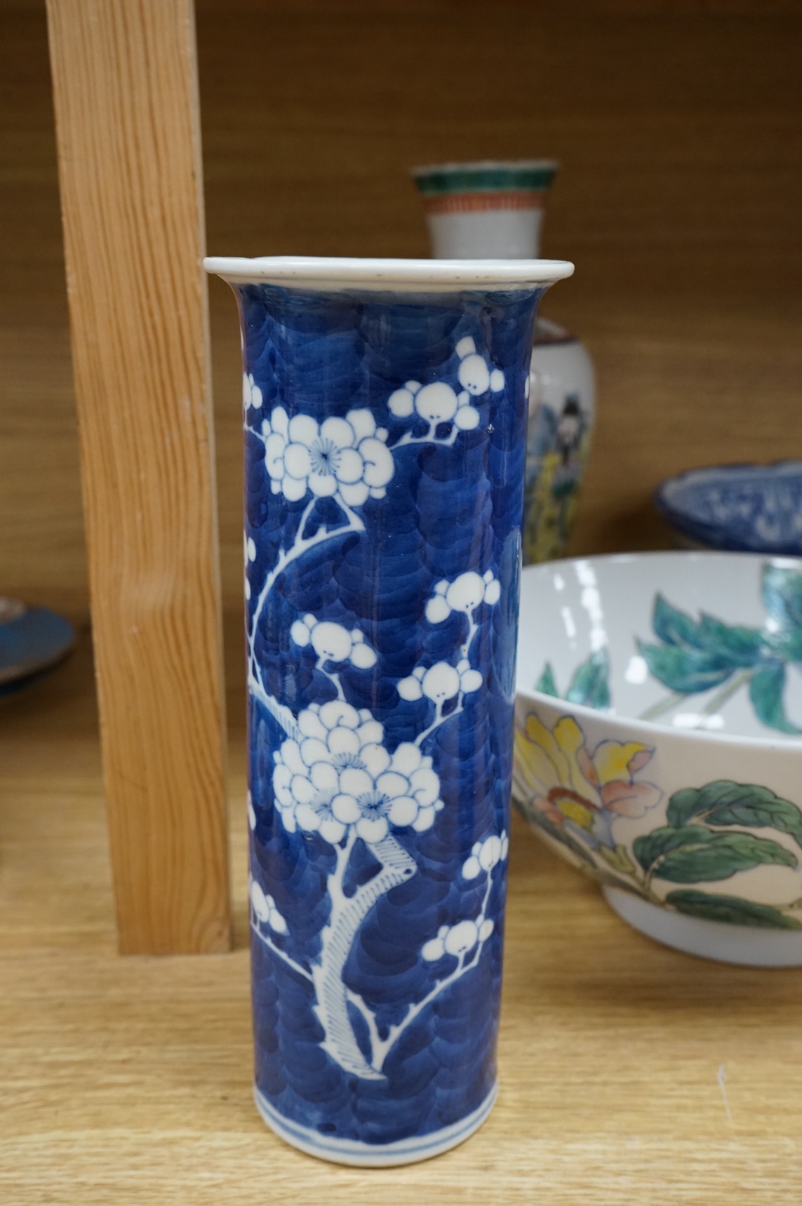 A collection of Chinese mixed ceramics, largest blue and white bowl 33cm diameter